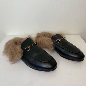 Black Leather Mules with Fur Trim